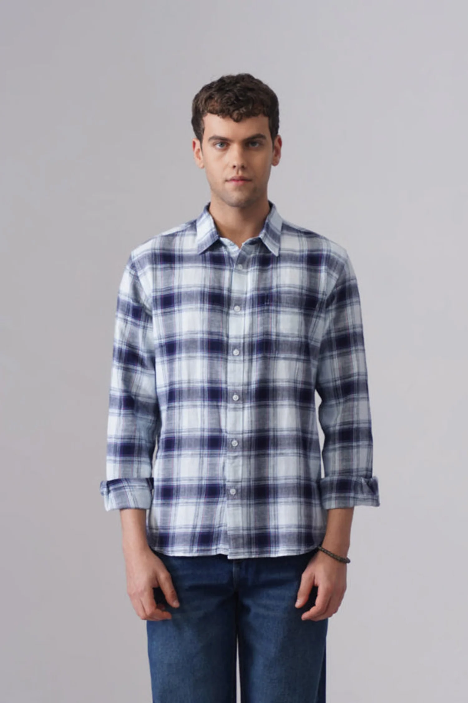 Blue Checkered Cotton Shirt – Regular Fit, Full Sleeves