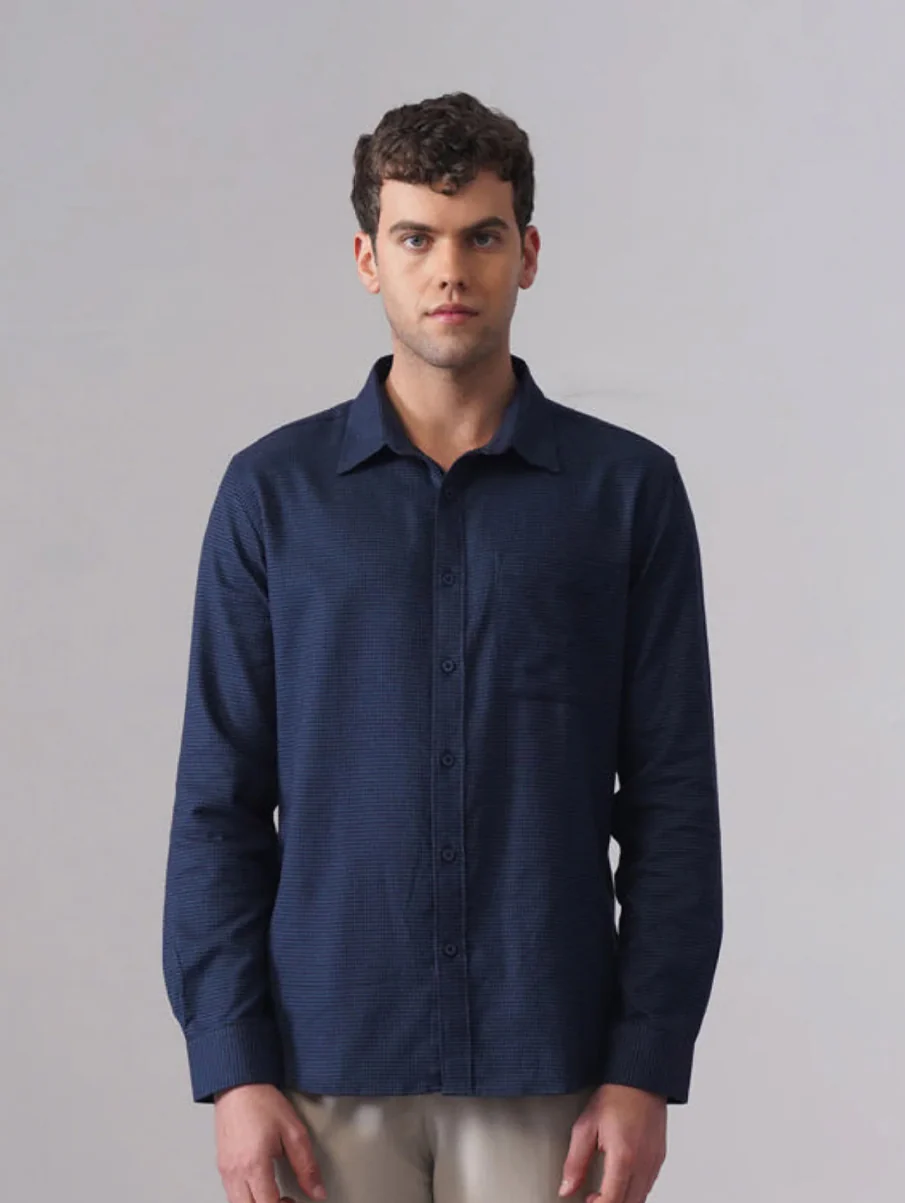 Blue Checked Cotton Shirt – Regular Fit, Full Sleeves
