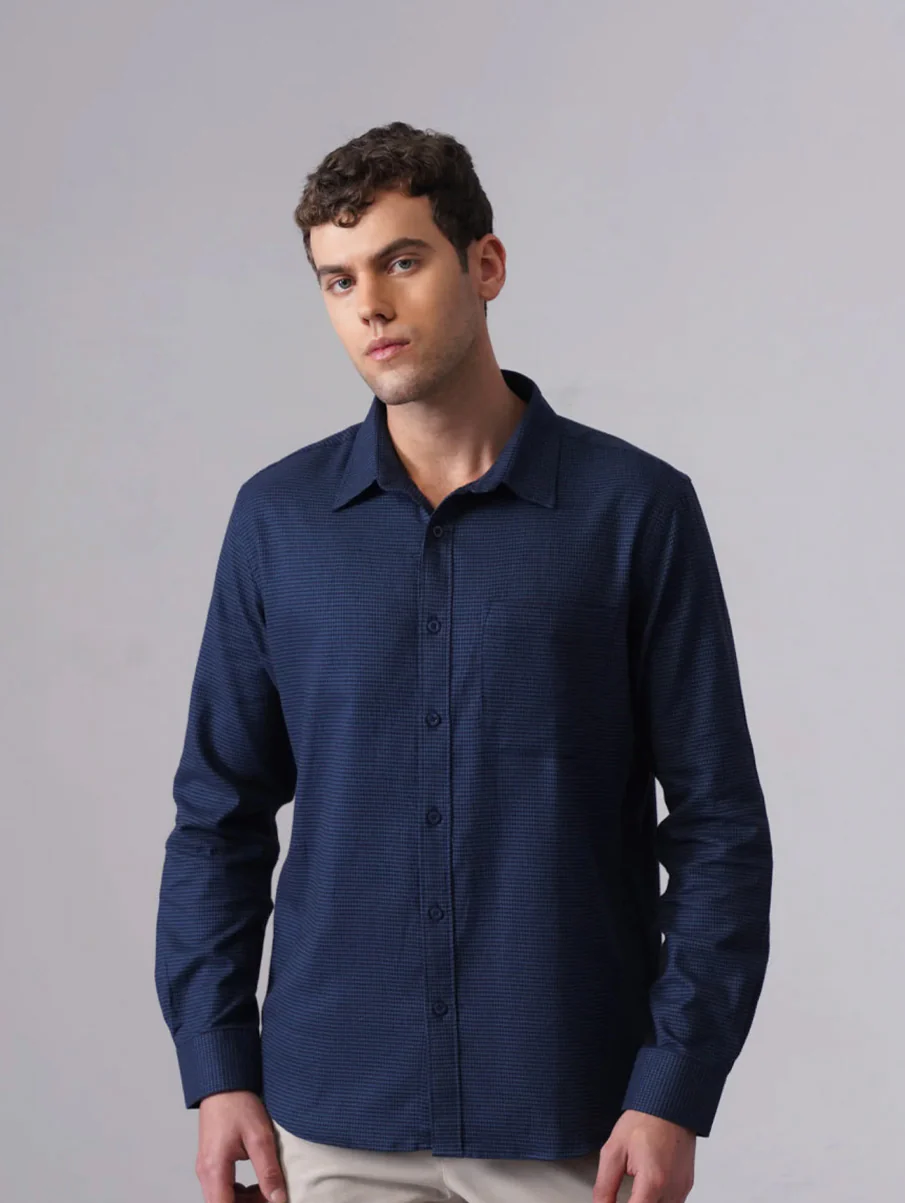 Blue Checked Cotton Shirt – Regular Fit, Full Sleeves - Image 3