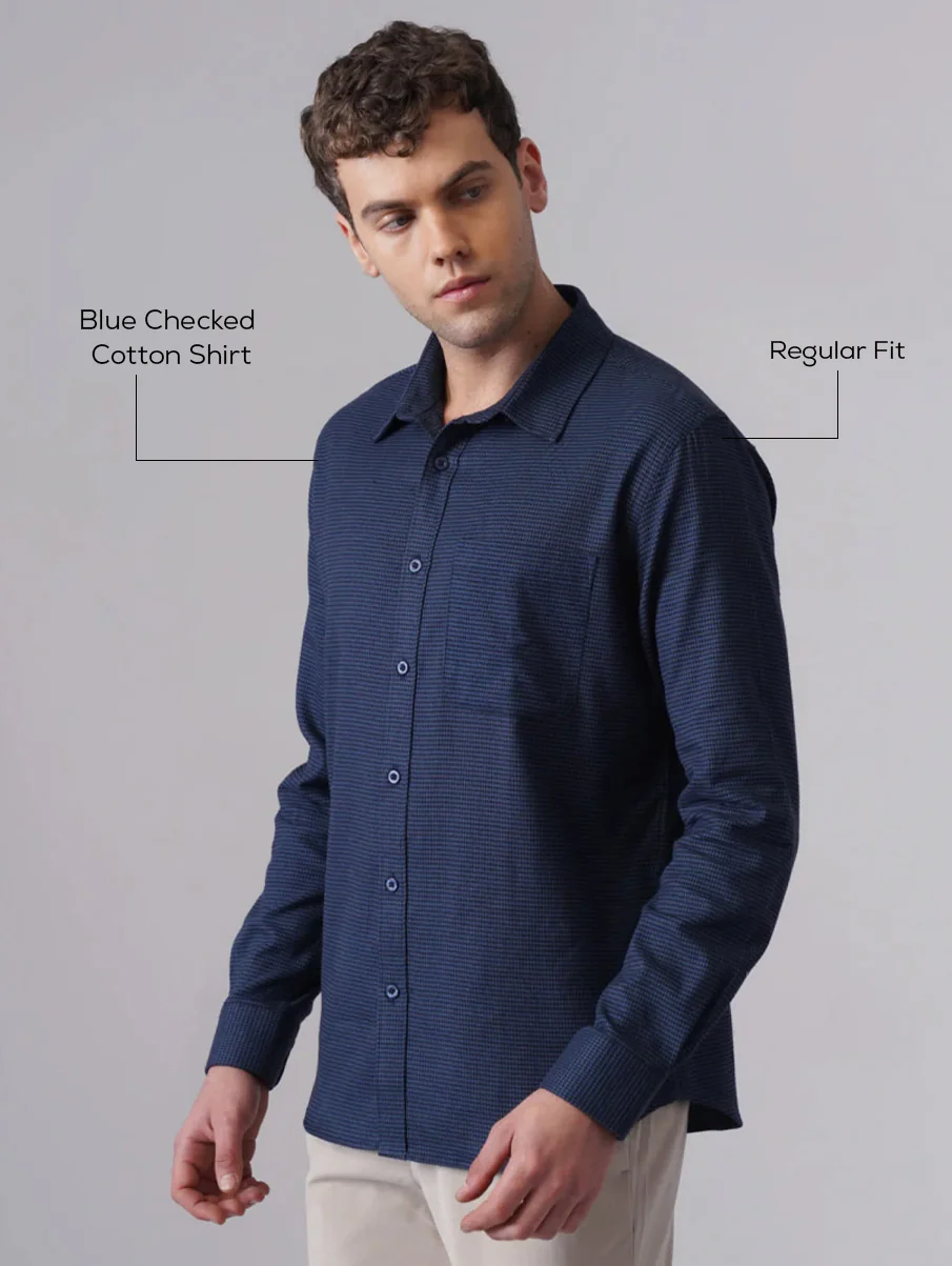 Blue Checked Cotton Shirt – Regular Fit, Full Sleeves - Image 4