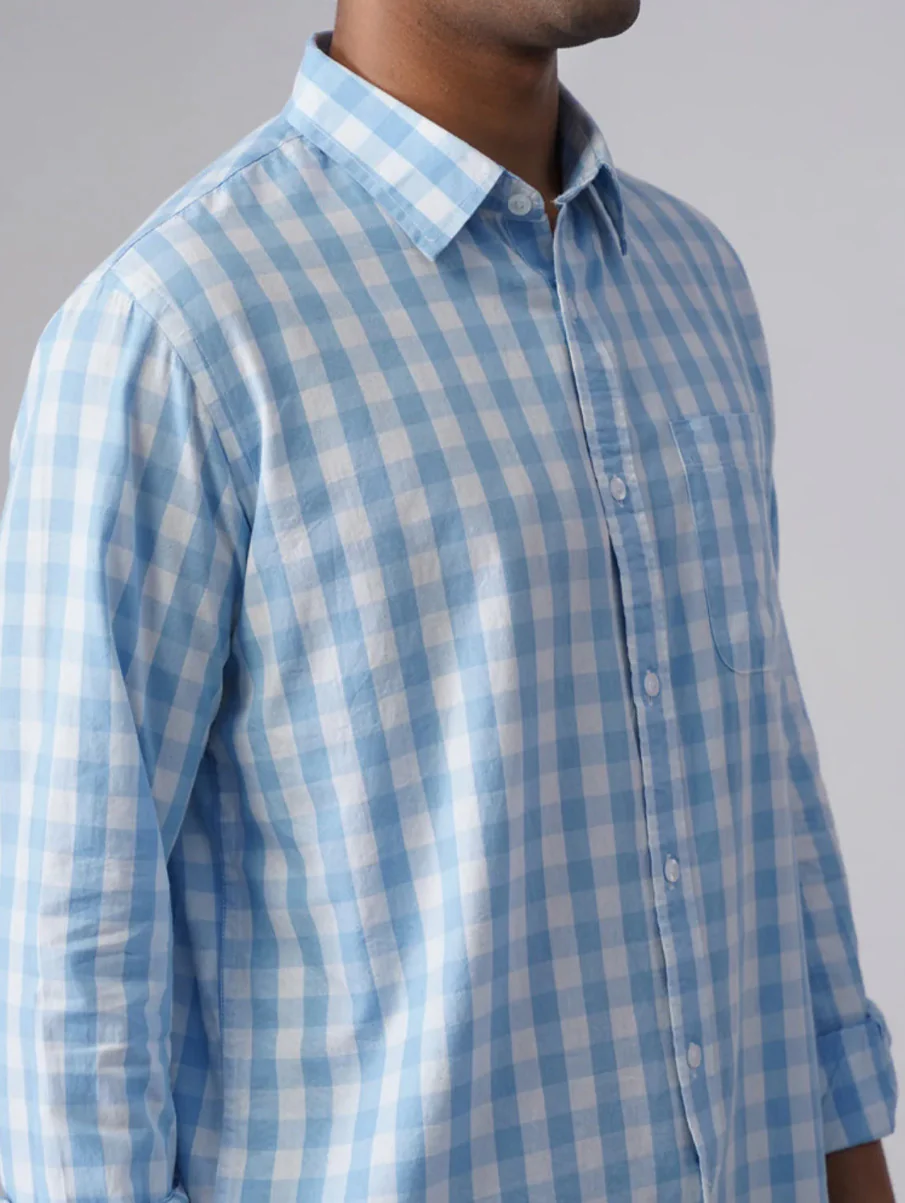 Blue Checkered Cotton Shirt – Regular Fit, Full Sleeves - Image 3