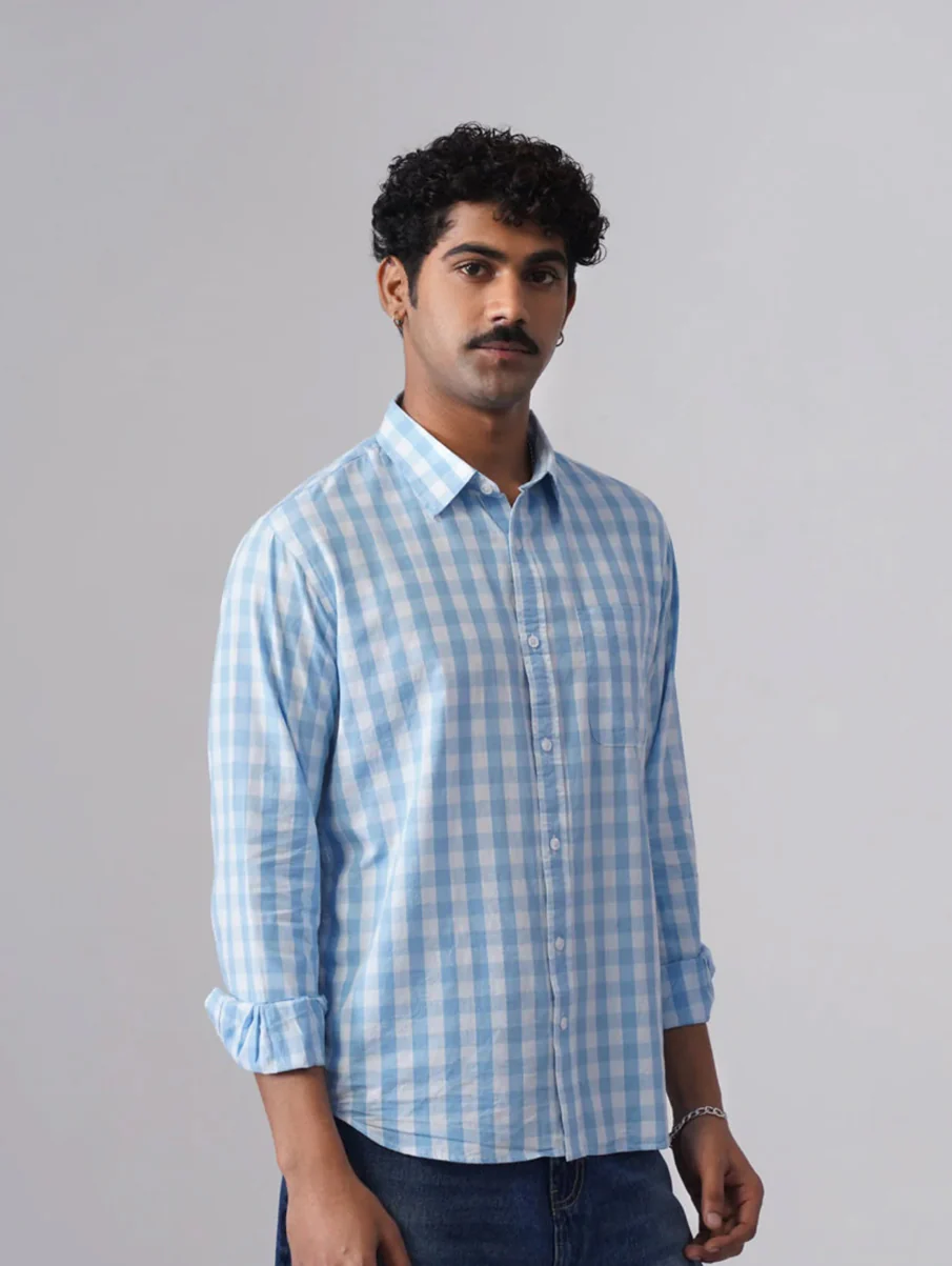 Blue Checkered Cotton Shirt – Regular Fit, Full Sleeves - Image 4