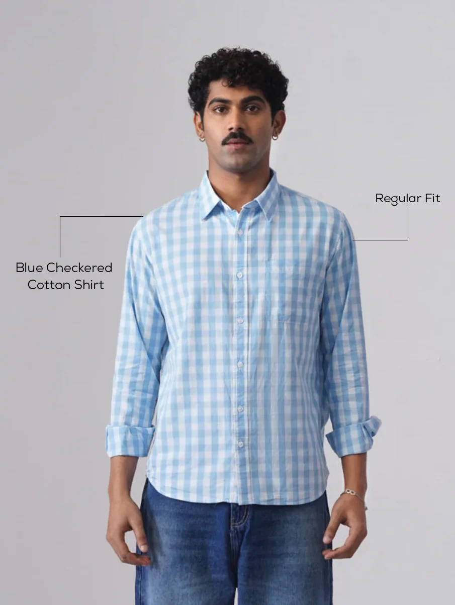 Blue Checkered Cotton Shirt – Regular Fit, Full Sleeves - Image 5