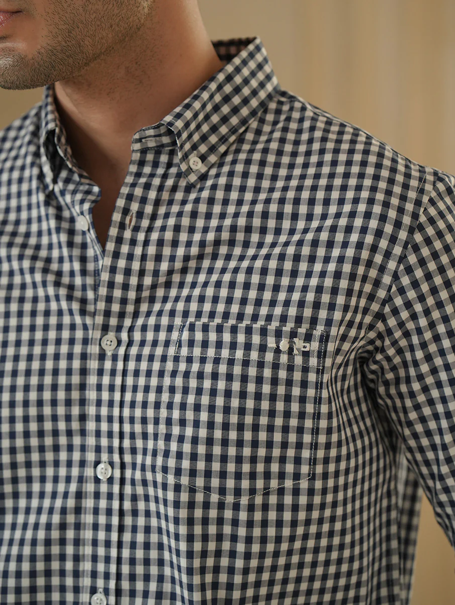 Blue Checkered Organic Cotton Shirt – Button-Down Collar | Regular Fit - Image 3