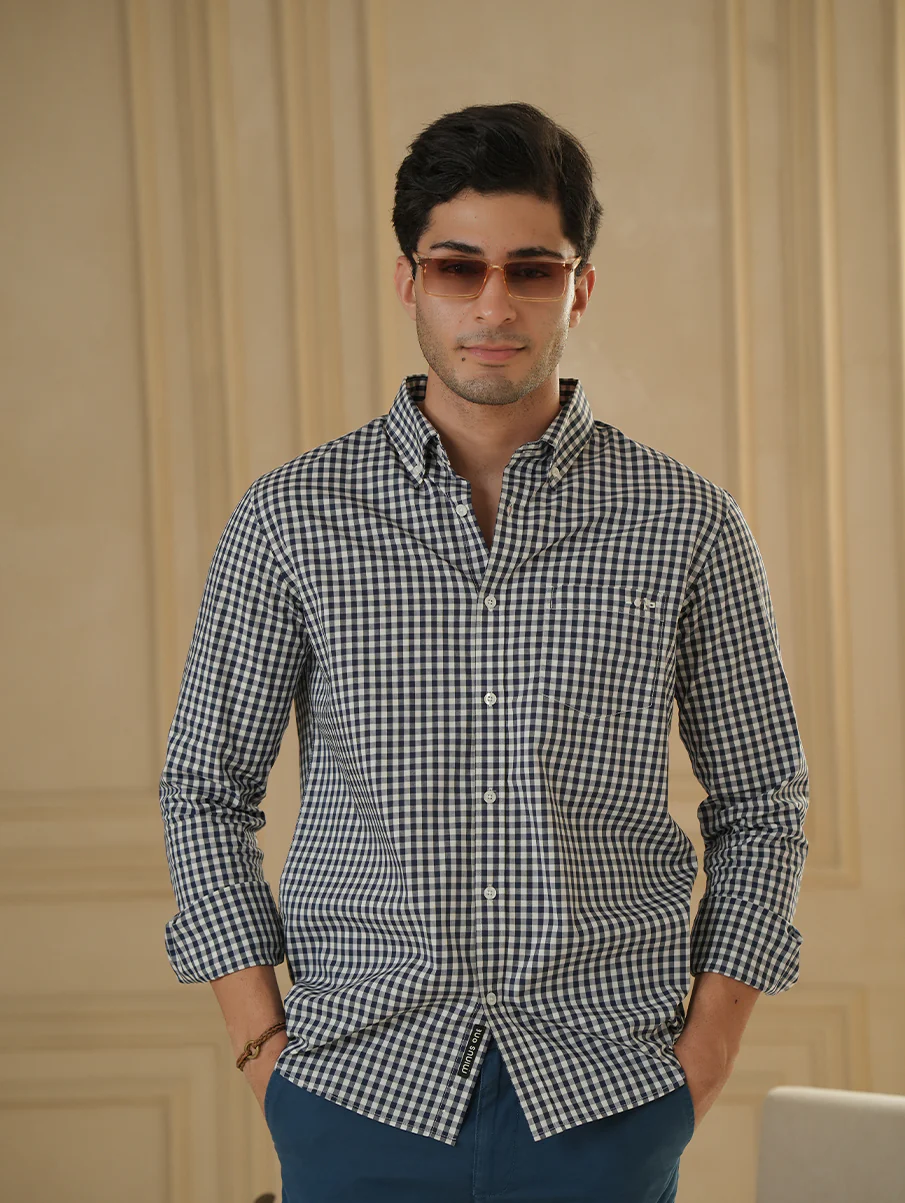 Blue Checkered Organic Cotton Shirt – Button-Down Collar | Regular Fit - Image 4