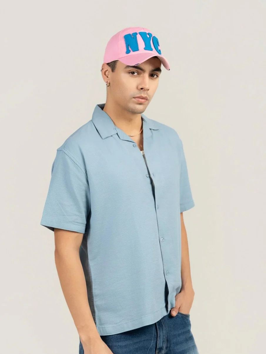 Powder Blue Half Sleeve Cuban Collar Shirt – Loose Fit - Image 3