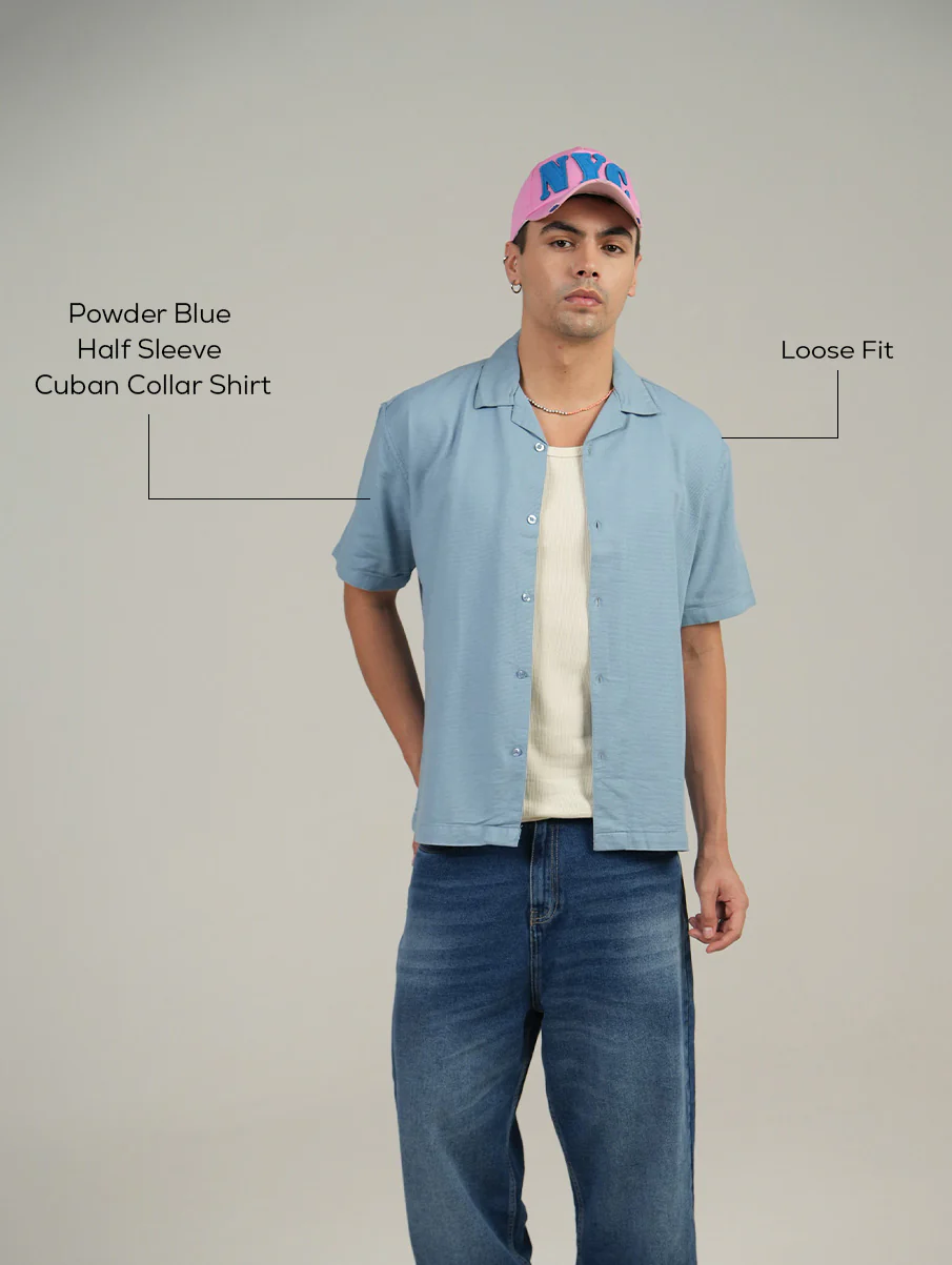 Powder Blue Half Sleeve Cuban Collar Shirt – Loose Fit - Image 4