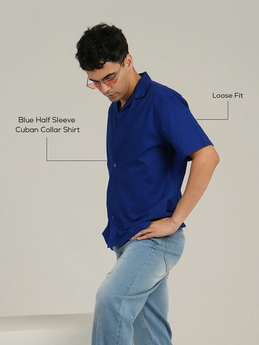Blue Half Sleeve Cuban Collar Shirt – Loose Fit - Image 4