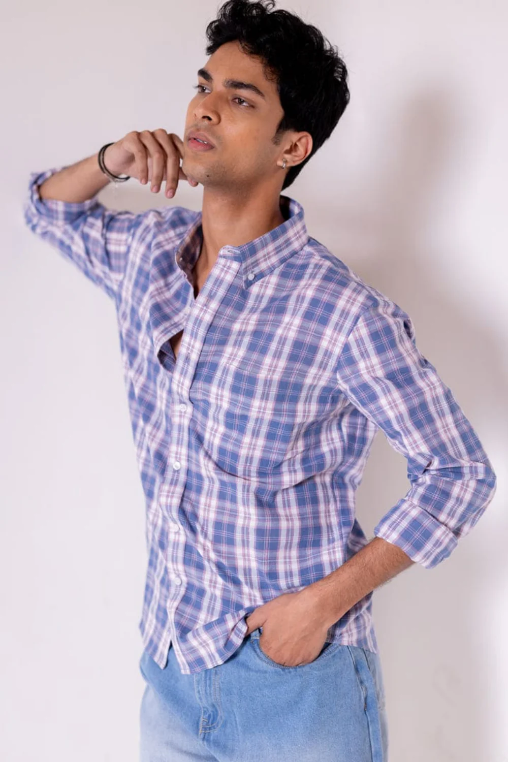 Regular Fit Blue Pink Checked Shirt