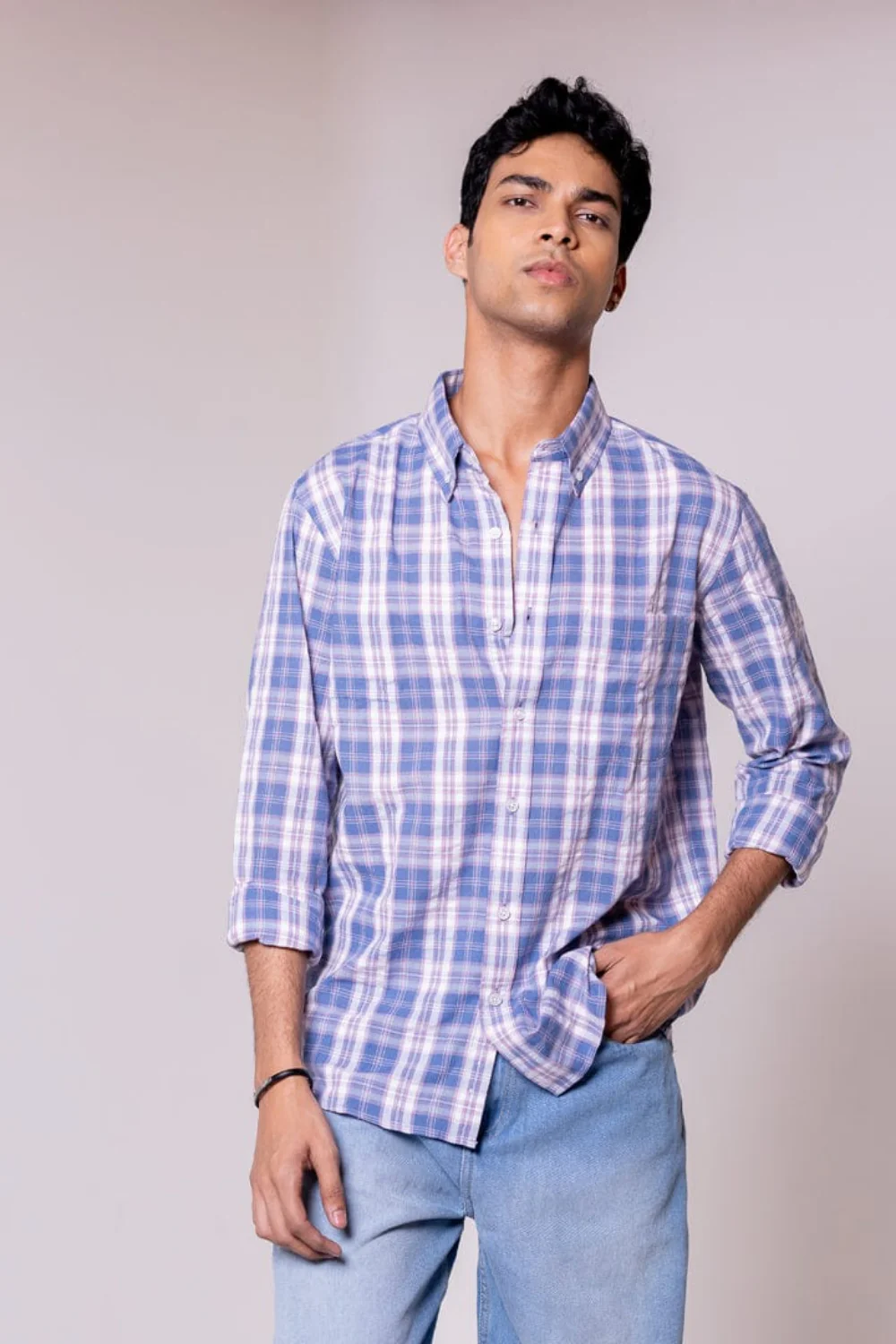 Regular Fit Blue Pink Checked Shirt - Image 4