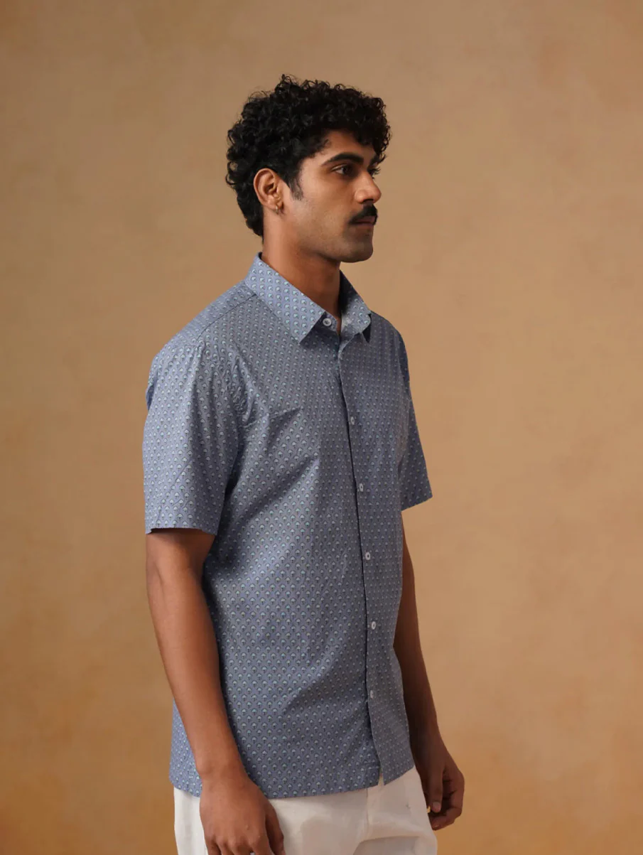 Blue Printed Cotton Stretch Shirt – Regular Fit, Half Sleeves - Image 3