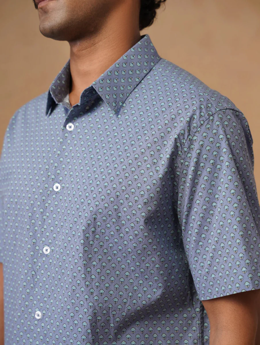 Blue Printed Cotton Stretch Shirt – Regular Fit, Half Sleeves - Image 6
