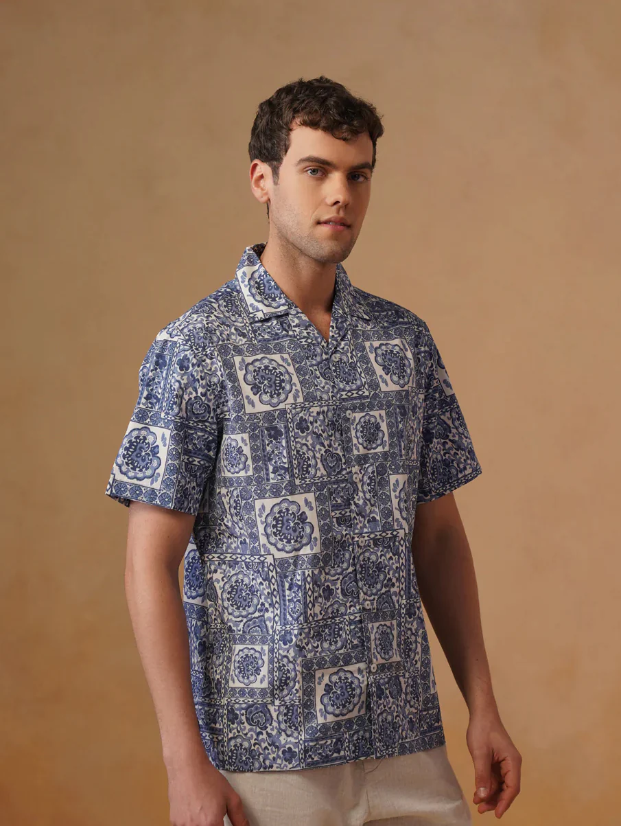 Blue Printed Organic Cotton Shirt – Regular Fit, Half Sleeves