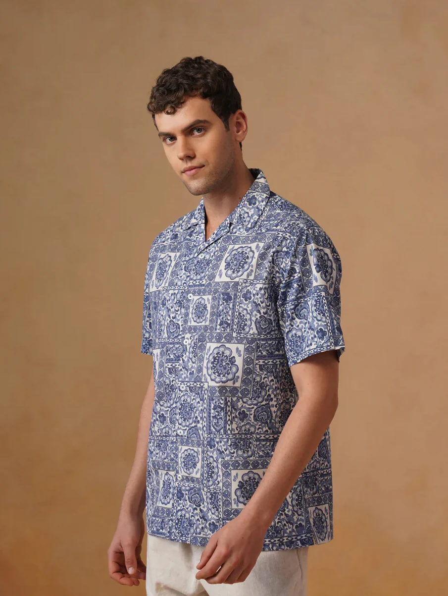 Blue Printed Organic Cotton Shirt – Regular Fit, Half Sleeves - Image 3