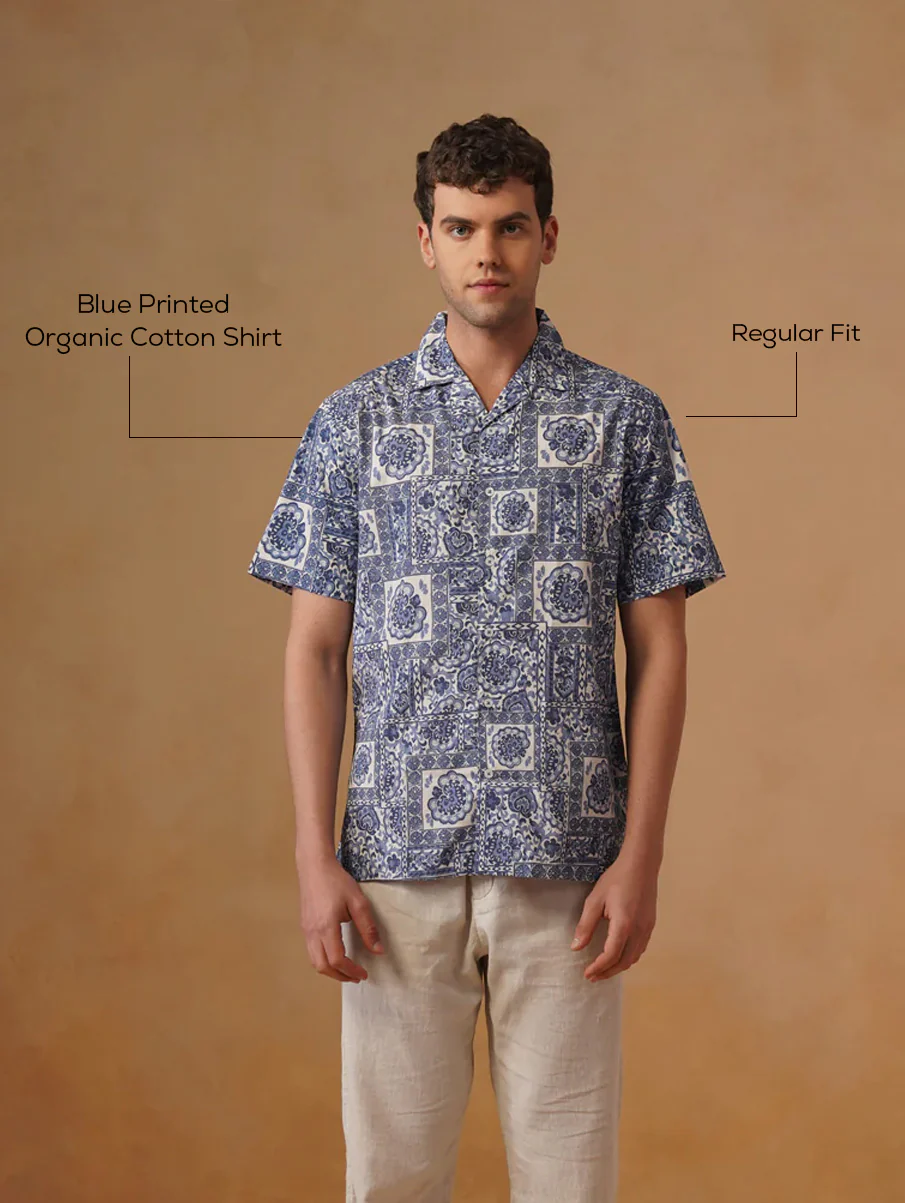 Blue Printed Organic Cotton Shirt – Regular Fit, Half Sleeves - Image 4