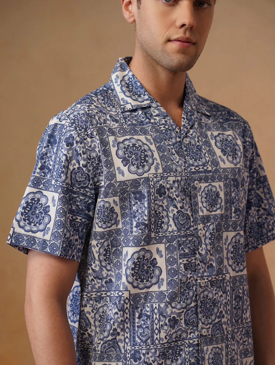 Blue Printed Organic Cotton Shirt – Regular Fit, Half Sleeves - Image 6