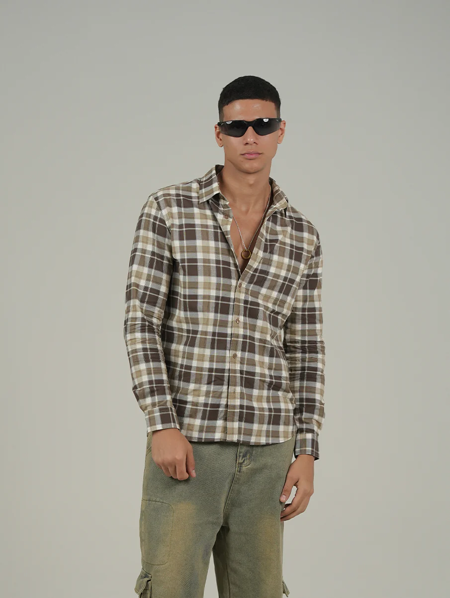 Brown Checked Cotton Shirt – Regular Fit - Image 4