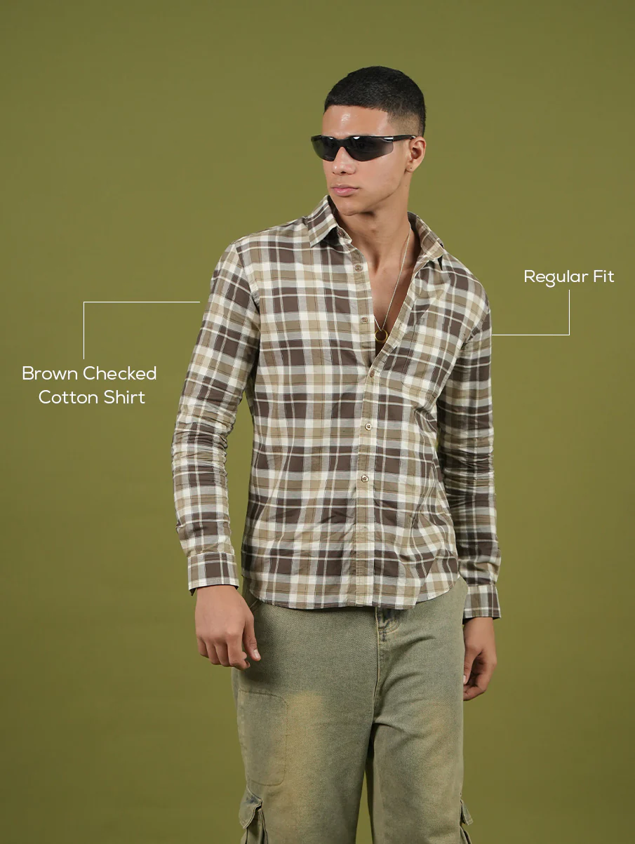 Brown Checked Cotton Shirt – Regular Fit - Image 5