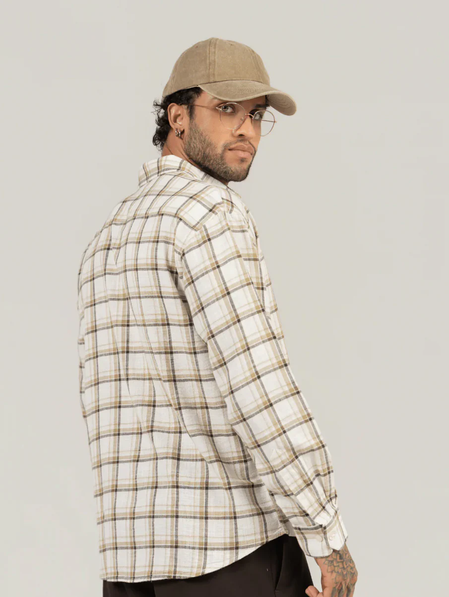 Brown Checkered Cotton Shirt – Full Sleeve, Loose Fit - Image 3