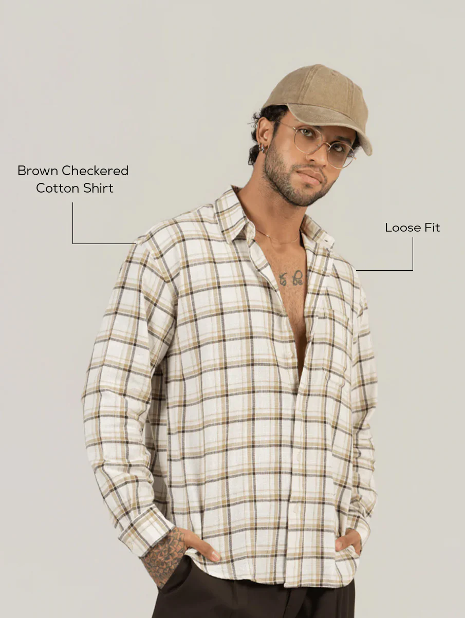 Brown Checkered Cotton Shirt – Full Sleeve, Loose Fit - Image 4