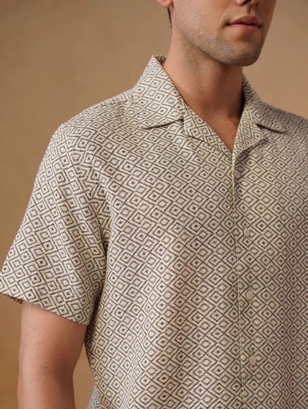 Brown Printed Cotton Cuban Collar Shirt – Regular Fit, Half Sleeves - Image 3