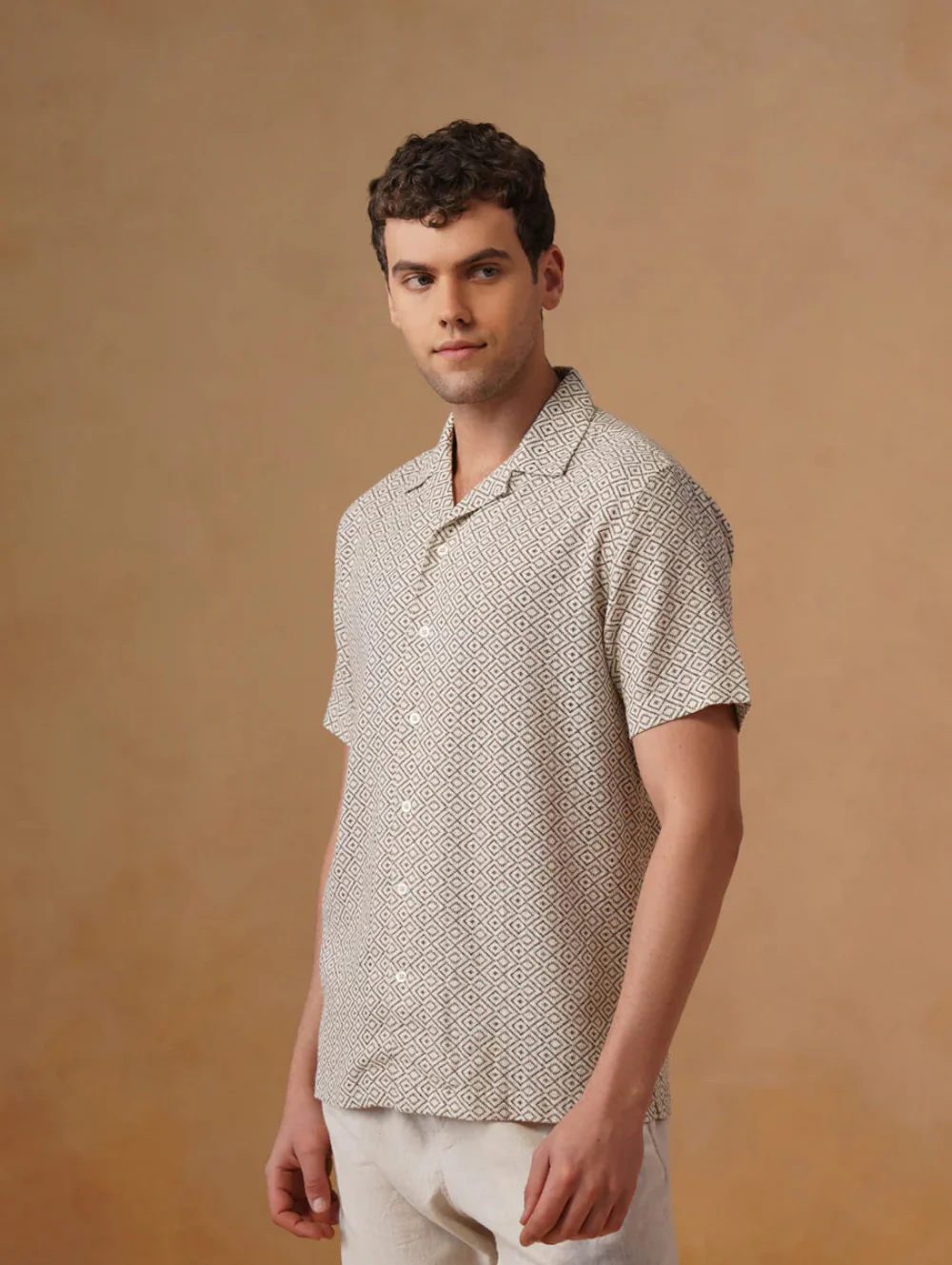 Brown Printed Cotton Cuban Collar Shirt – Regular Fit, Half Sleeves - Image 4