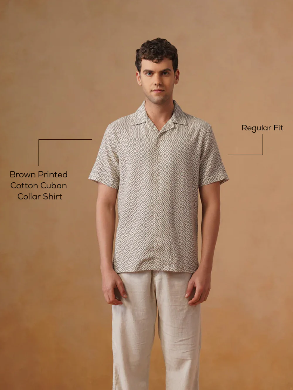 Brown Printed Cotton Cuban Collar Shirt – Regular Fit, Half Sleeves - Image 5