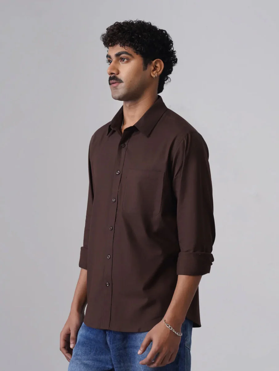Brown Solid Brushed Cotton Shirt – Regular Fit, Full Sleeves - Image 3