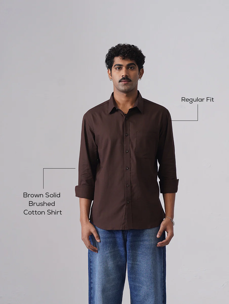 Brown Solid Brushed Cotton Shirt – Regular Fit, Full Sleeves - Image 4