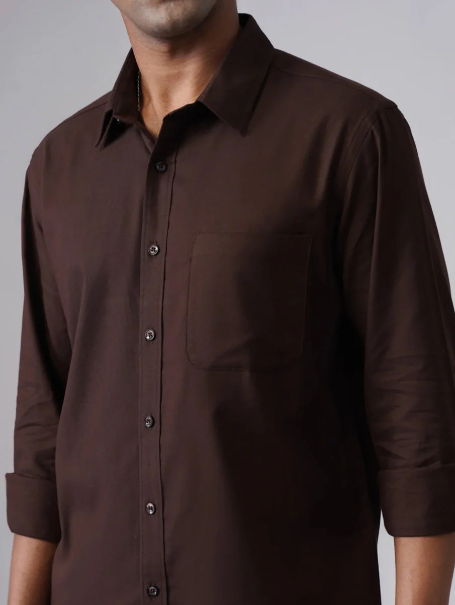 Brown Solid Brushed Cotton Shirt – Regular Fit, Full Sleeves - Image 6