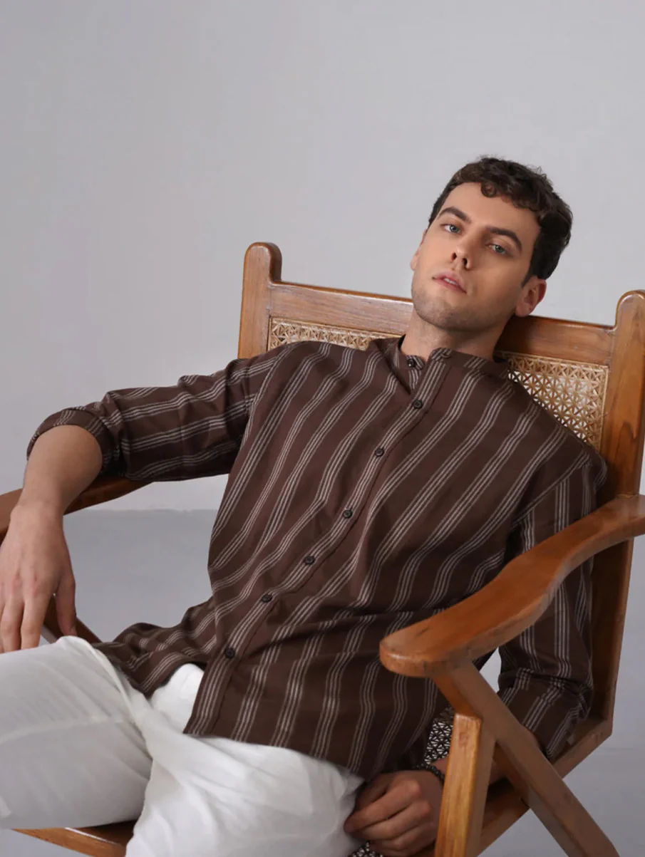 Brown Striped Cotton Shirt – Regular Fit, Full Sleeves - Image 3