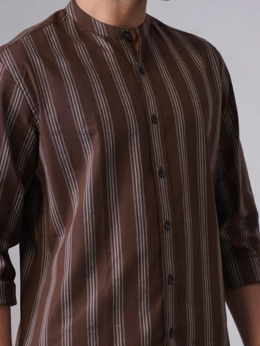 Brown Striped Cotton Shirt – Regular Fit, Full Sleeves - Image 4