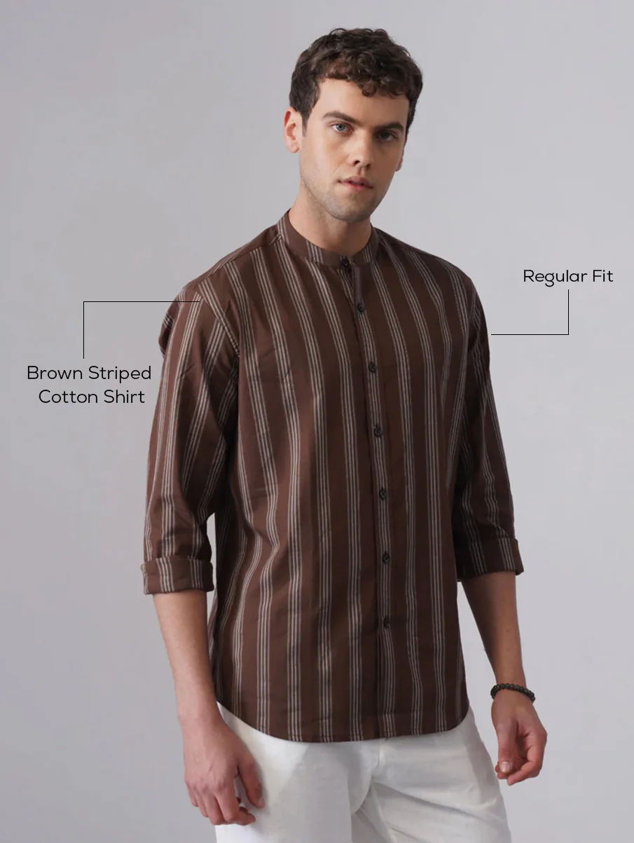 Brown Striped Cotton Shirt – Regular Fit, Full Sleeves - Image 5