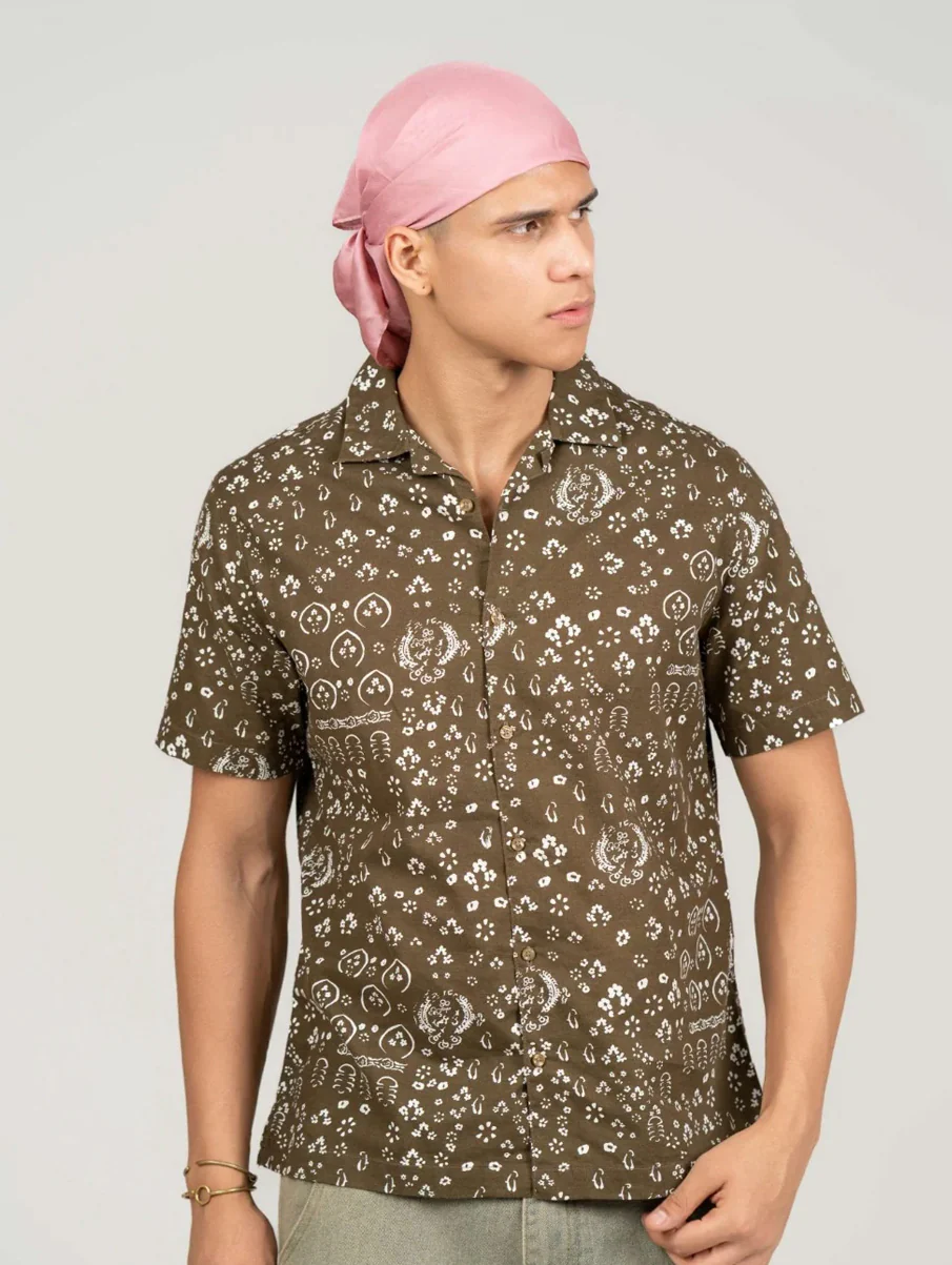 Coffee Brown Floral Cuban Collar Shirt – Regular Fit - Image 3