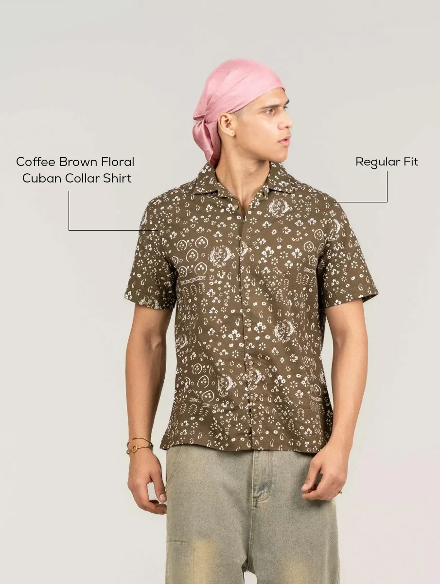 Coffee Brown Floral Cuban Collar Shirt – Regular Fit - Image 4