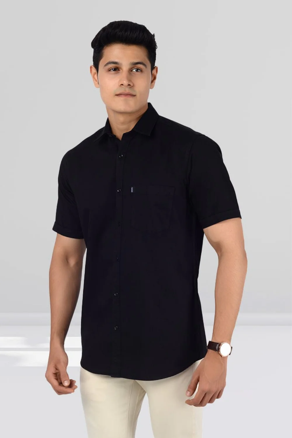 Cotton Slim Fit Half Sleeves Shirt-Black - Image 3
