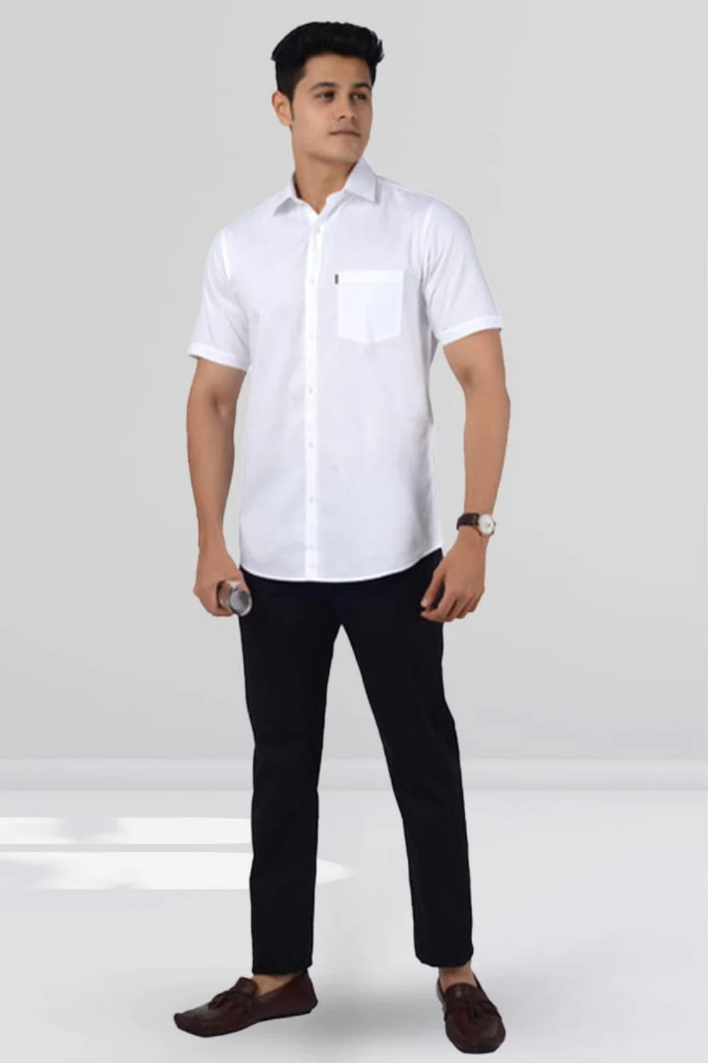 Cotton Slim Fit Half Sleeves Shirt-White - Image 3