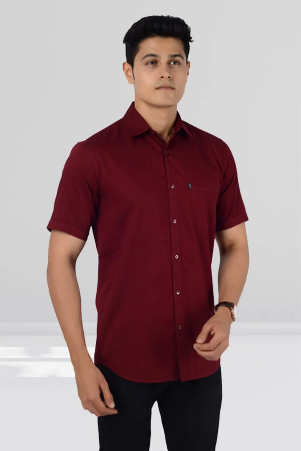 Cotton Slim Fit Half Sleeves Shirt-Maroon
