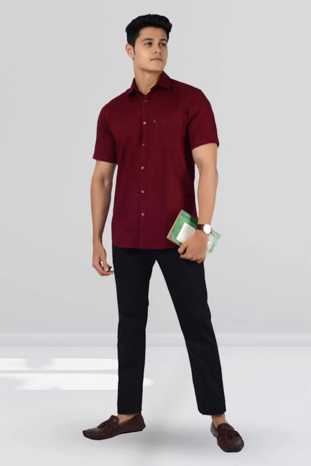 Cotton Slim Fit Half Sleeves Shirt-Maroon - Image 2