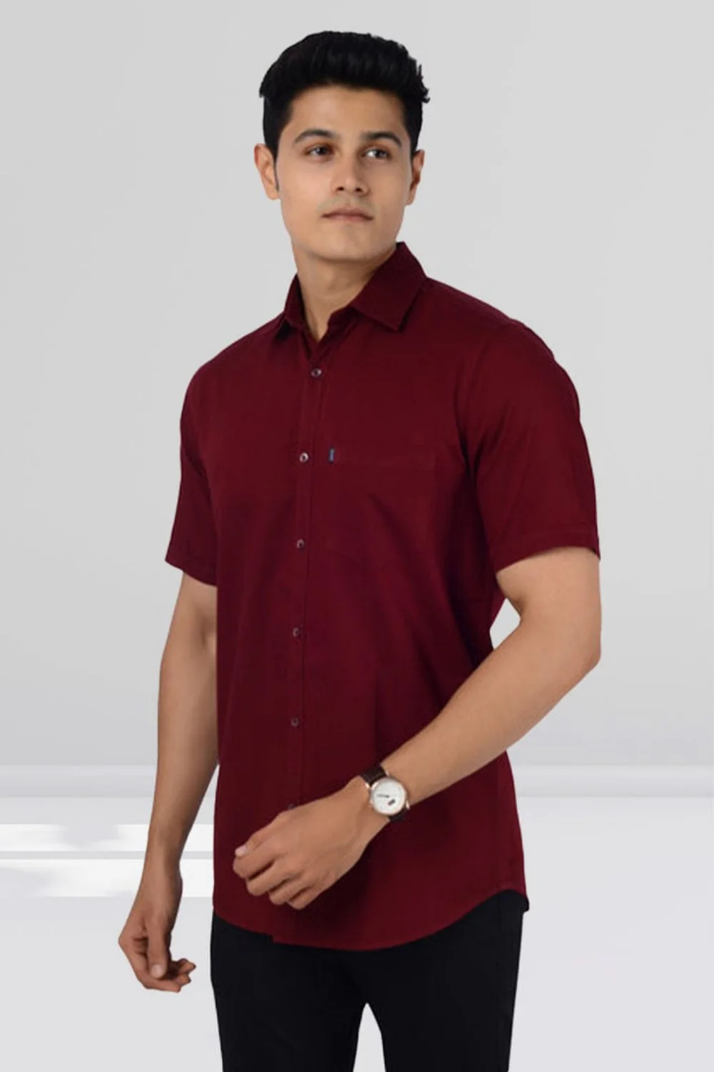Cotton Slim Fit Half Sleeves Shirt-Maroon - Image 3