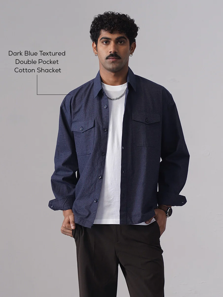 Dark Blue Textured Double Pocket Cotton Shacket - Image 4