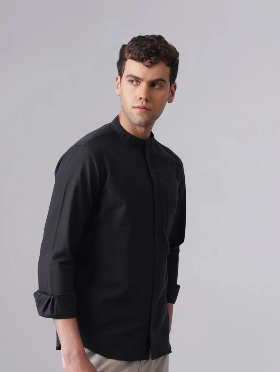 Dark Grey Oxford Cotton Mandarin Collar Shirt – Regular Fit, Full Sleeves - Image 3