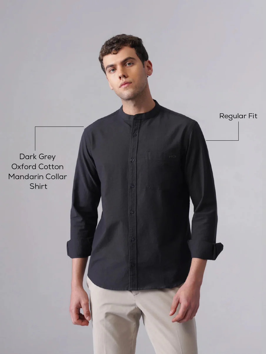 Dark Grey Oxford Cotton Mandarin Collar Shirt – Regular Fit, Full Sleeves - Image 4