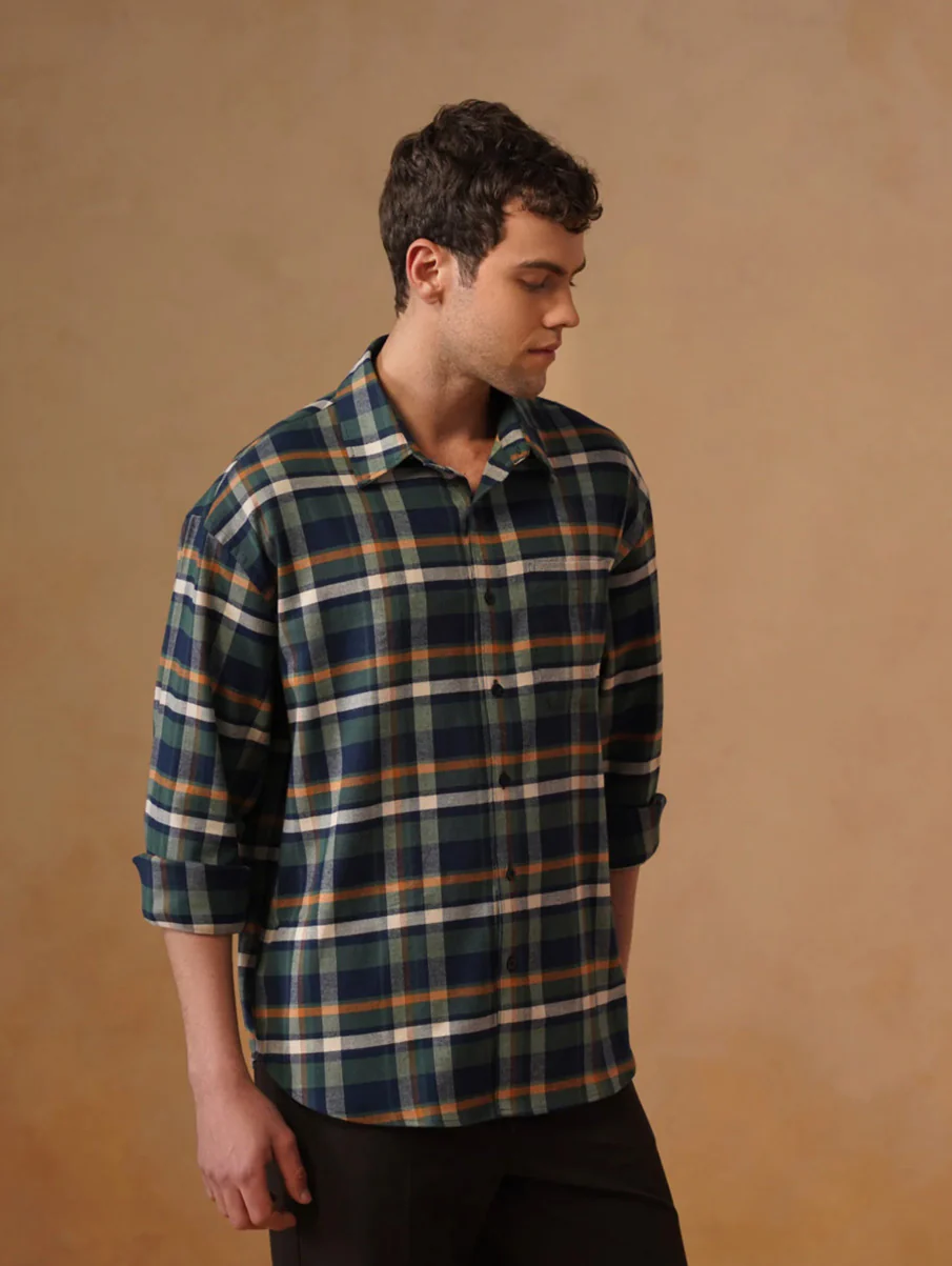Green & Blue Checkered Cotton Lycra Shirt – Loose Fit, Full Sleeves - Image 3