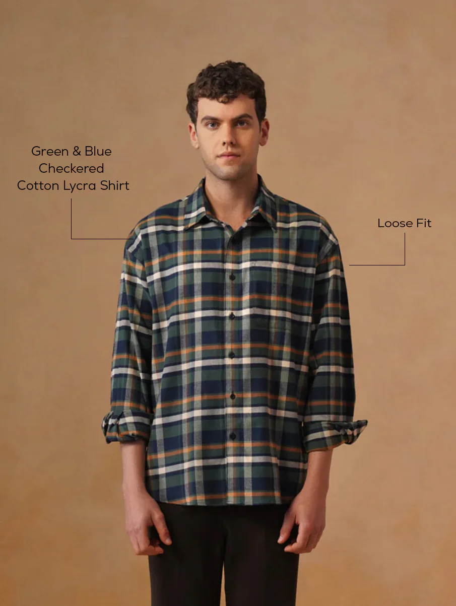 Green & Blue Checkered Cotton Lycra Shirt – Loose Fit, Full Sleeves - Image 4