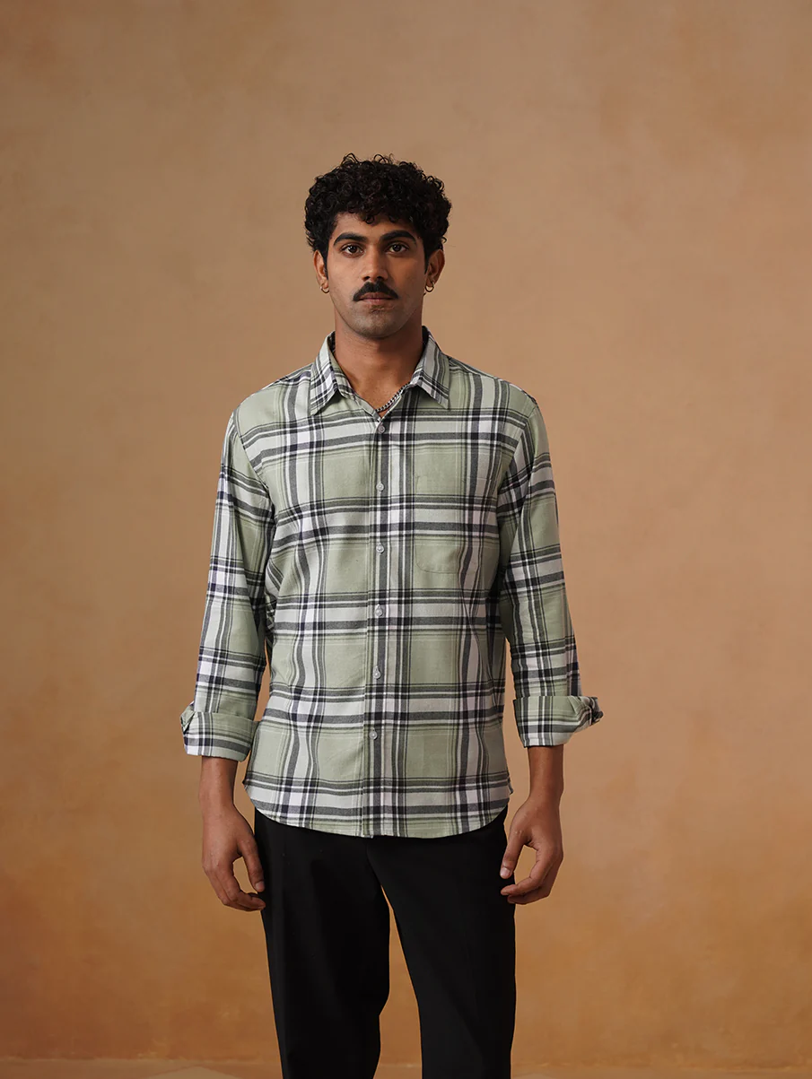 Green Checked Brushed Cotton Shirt – Regular Fit, Full Sleeves