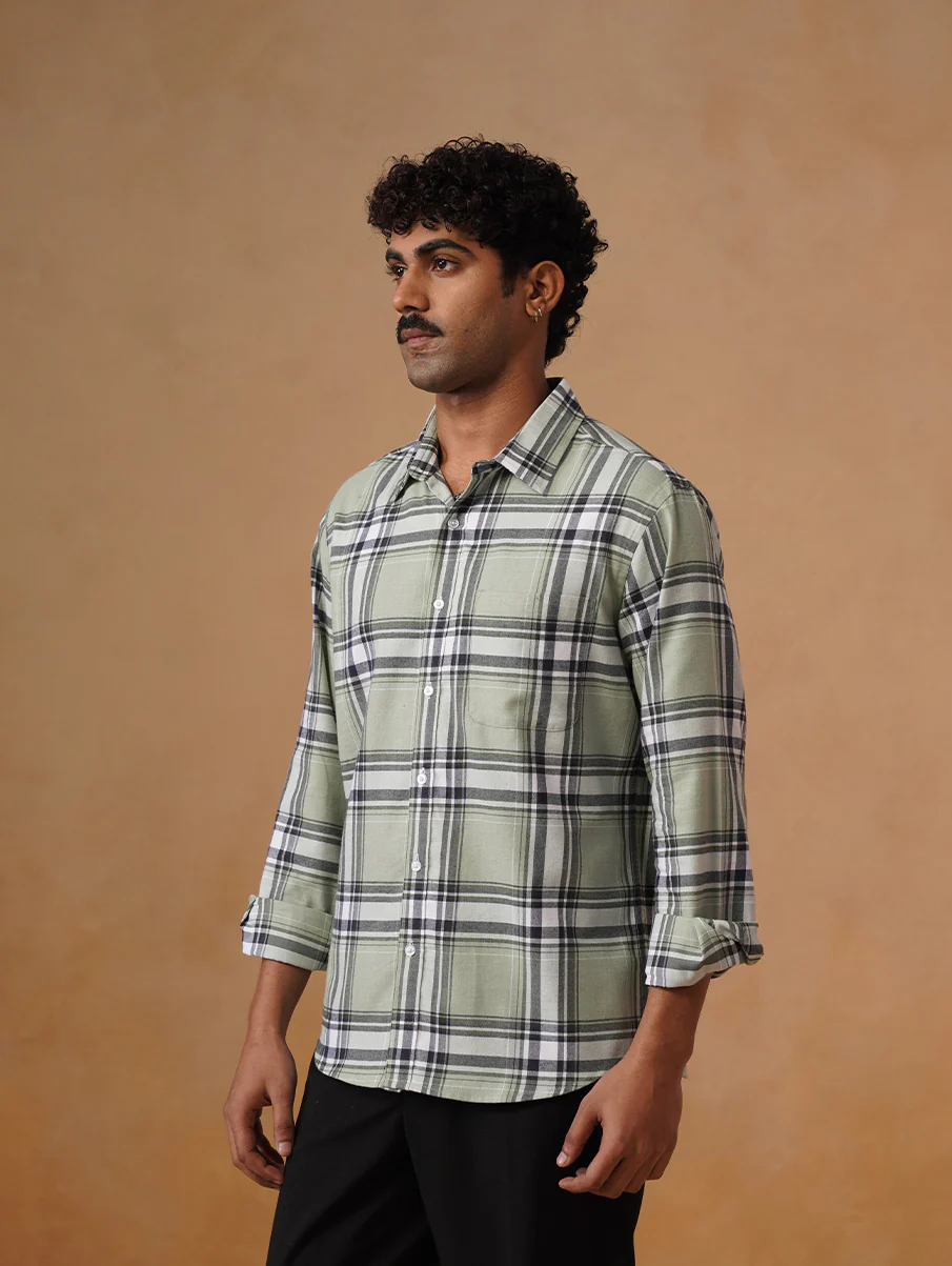 Green Checked Brushed Cotton Shirt – Regular Fit, Full Sleeves - Image 3