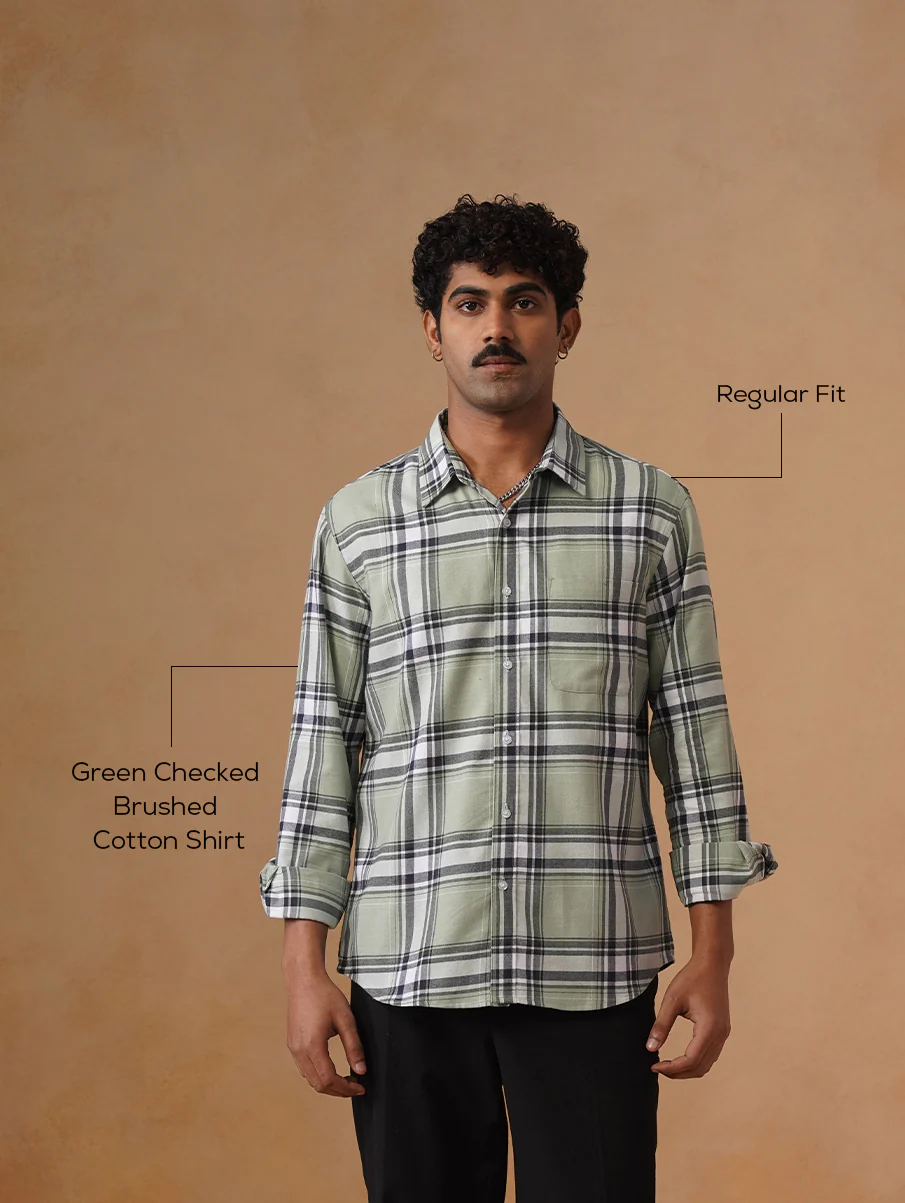 Green Checked Brushed Cotton Shirt – Regular Fit, Full Sleeves - Image 4