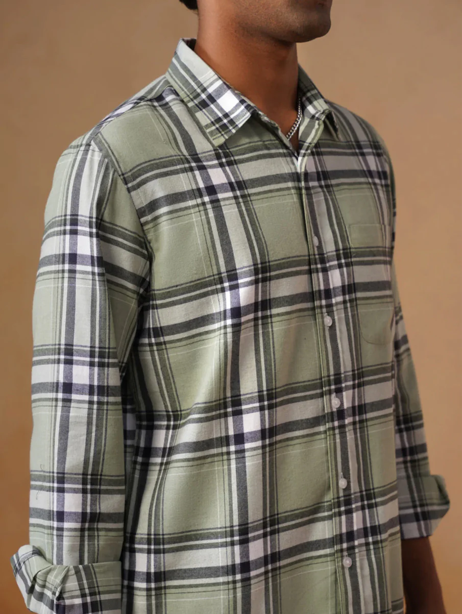 Green Checked Brushed Cotton Shirt – Regular Fit, Full Sleeves - Image 6