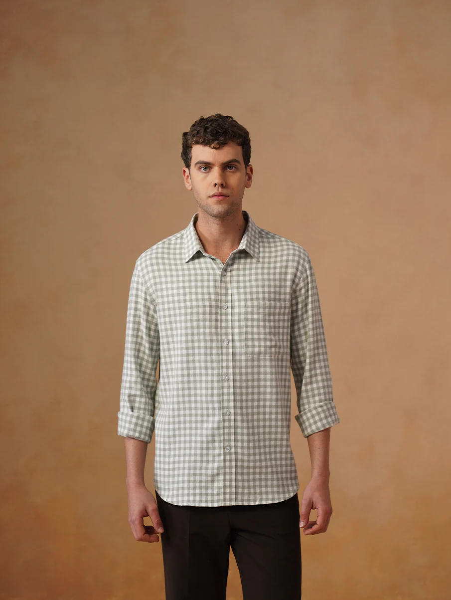 Green Gingham Brushed Cotton Shirt – Regular Fit, Full Sleeves